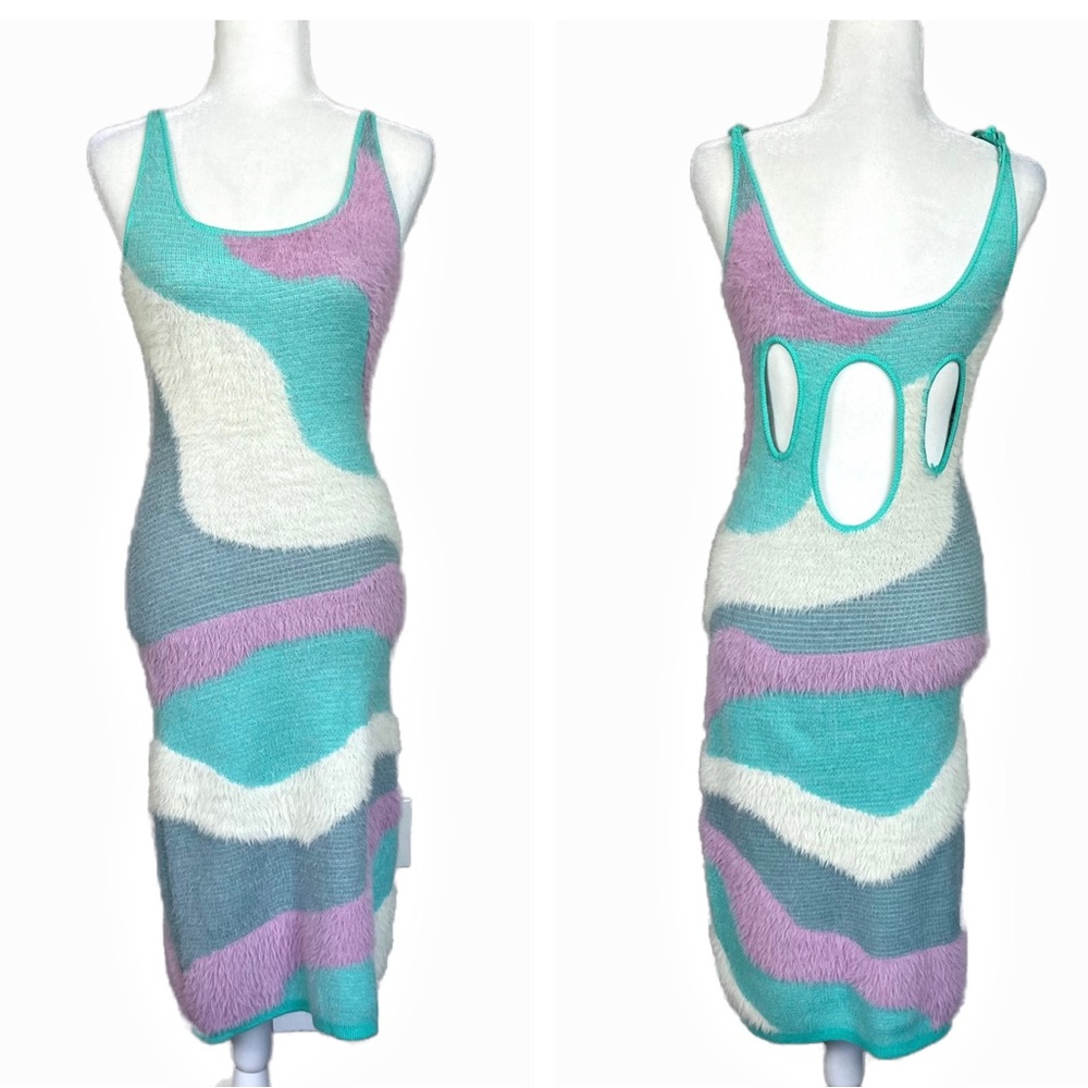 INTERDEE FITTED SWIRL PRINT MIDI DRESS OPEN BACK SIZE SMALL